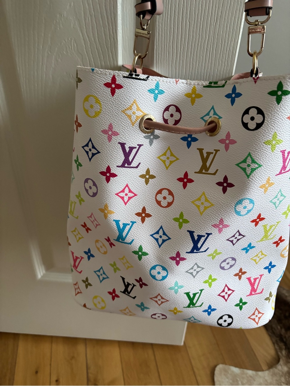 White Multicolor Monogram Drawstring Shoulder Bag - Pink Trim - Picture 3 of 4